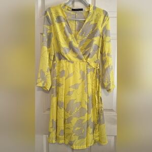 Zara Yellow Floral Wrap Midi Dress Long Sleeve Tie Waist Size S